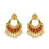 Women's Rose Gold Plated Alloy Kundan Earrings &amp; Mangtikka (Red &amp; Green)
