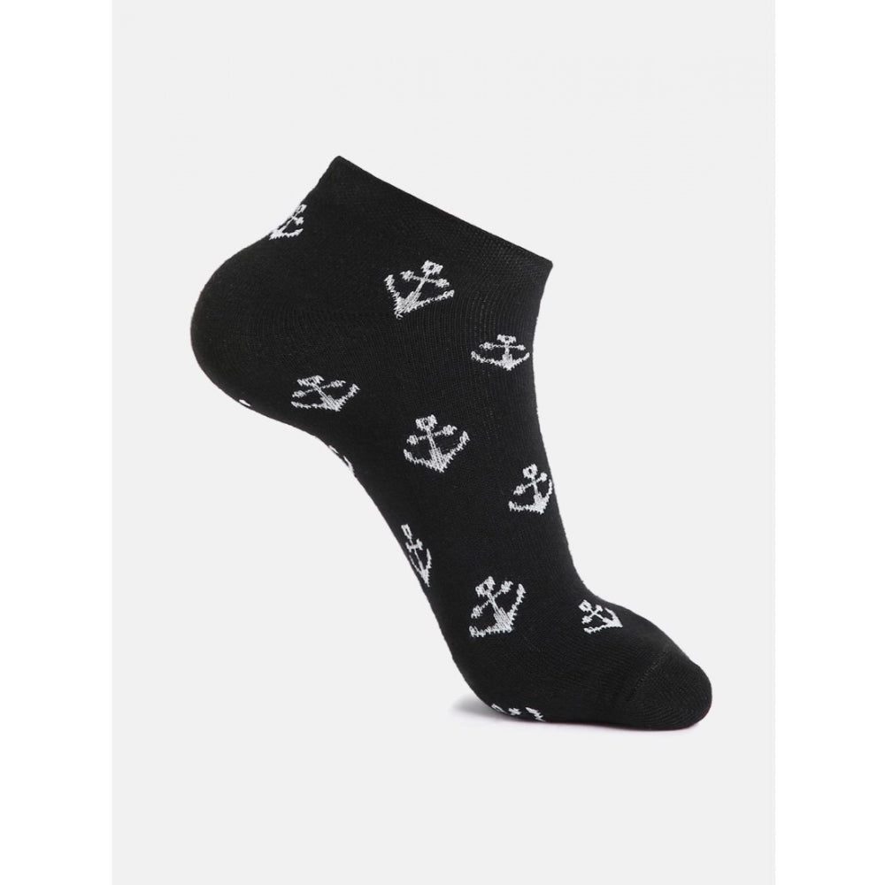 Black cotton blended ankle socks with white anchor print, 4 pairs.