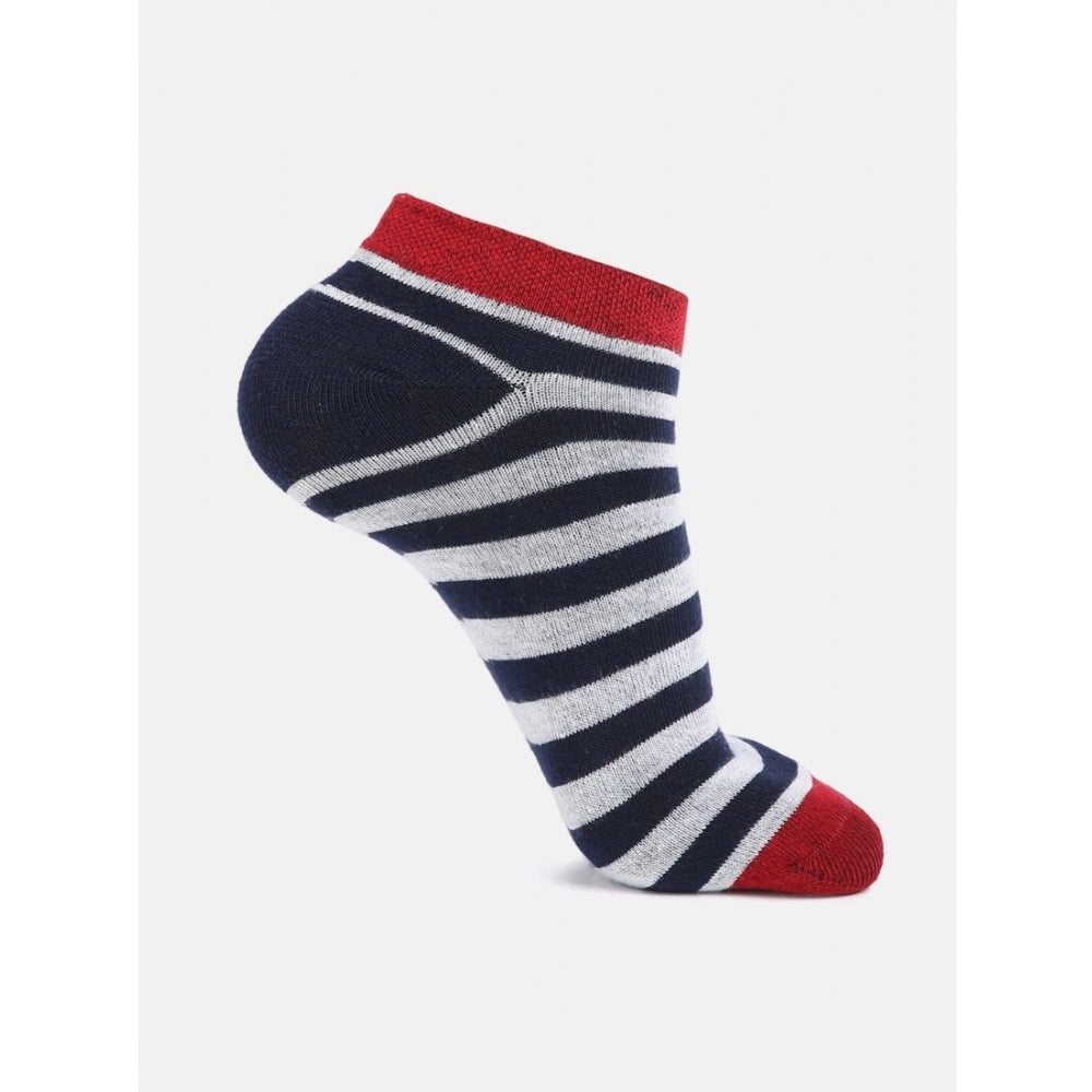 Blue and white striped cotton ankle socks with red heel, casual print.