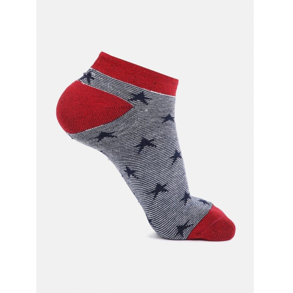 Navy blue socks with red stars, cotton blend ankle socks, casual print.