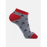 Navy blue socks with red stars, cotton blend ankle socks, casual print.