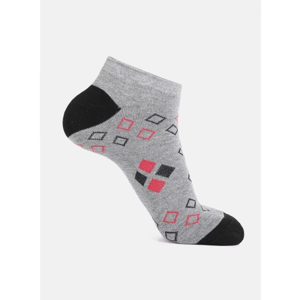 Gray printed ankle socks with black heel, cotton blend, casual design.