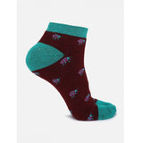 Dark red ankle socks with blue-green print, women's cotton blended socks.