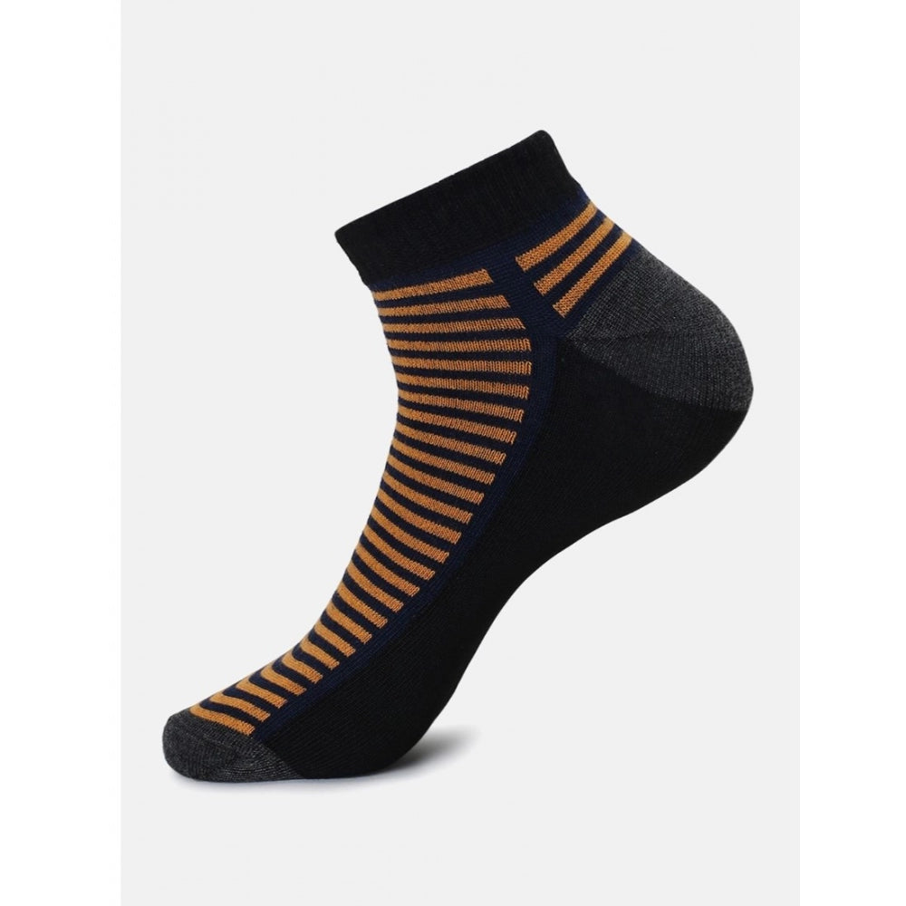 Black ankle socks with orange stripes, cotton blend, casual unisex socks.