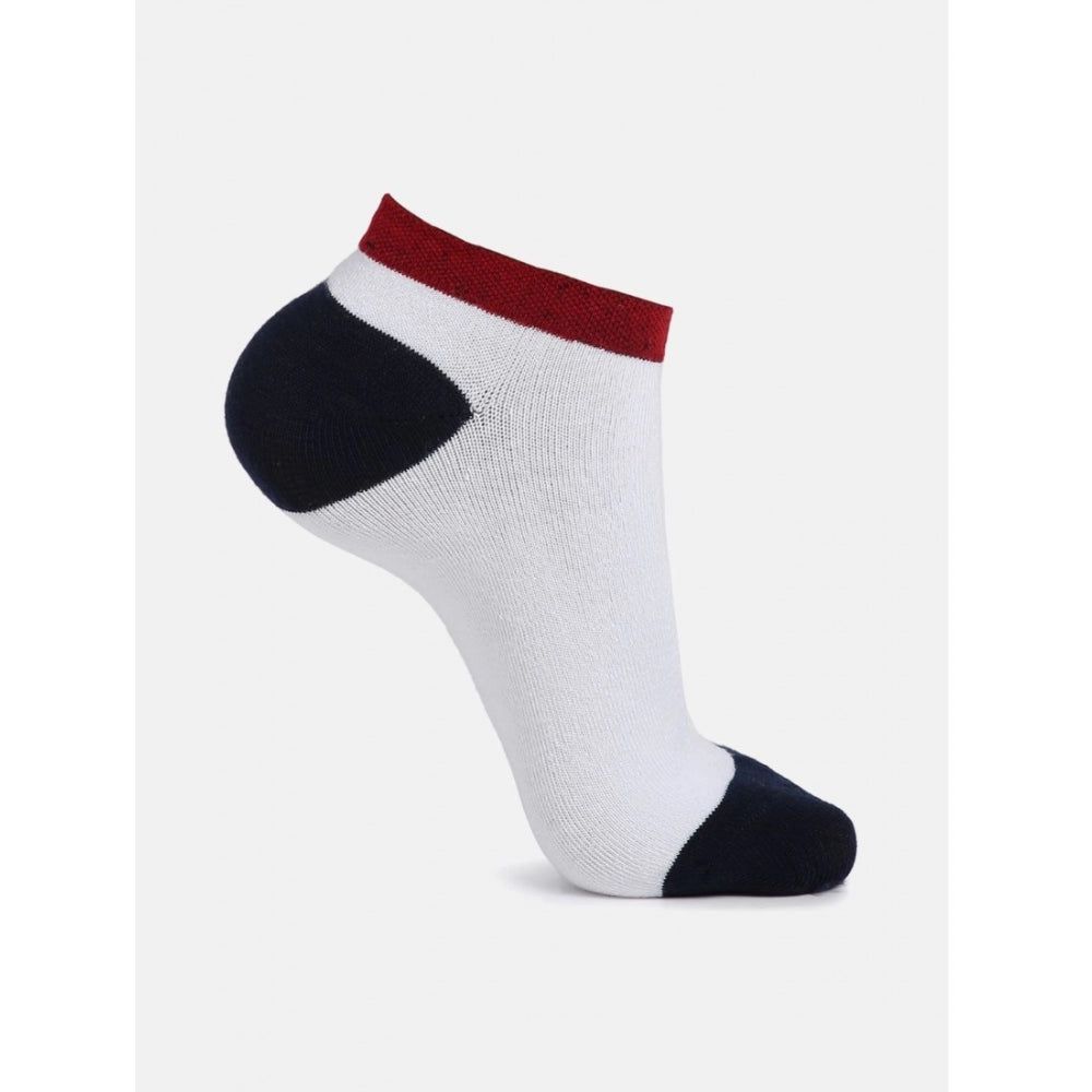 White ankle socks with navy and red accents, cotton blend, casual style.