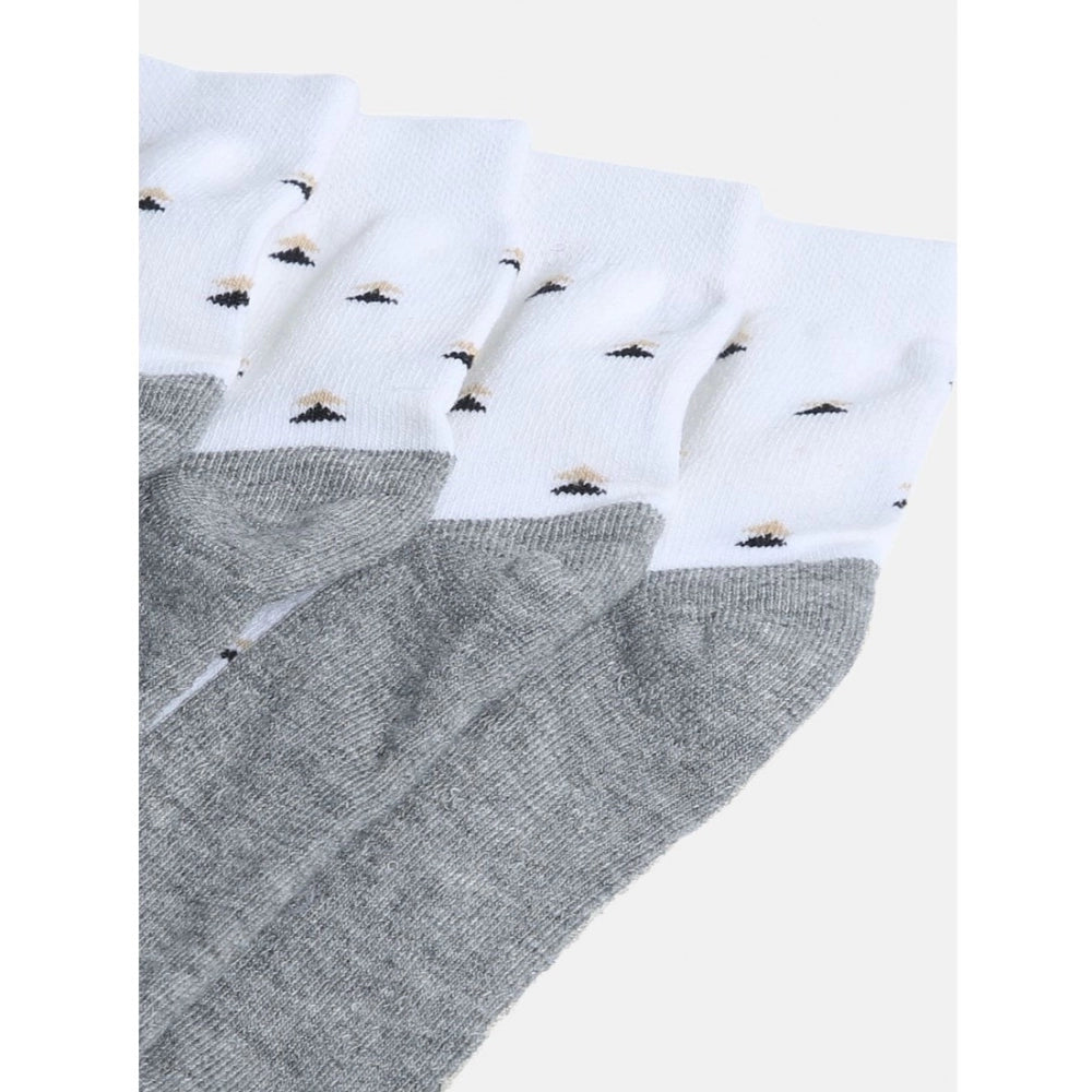 Grey men's cotton blend socks with white printed dots, mid-calf length.