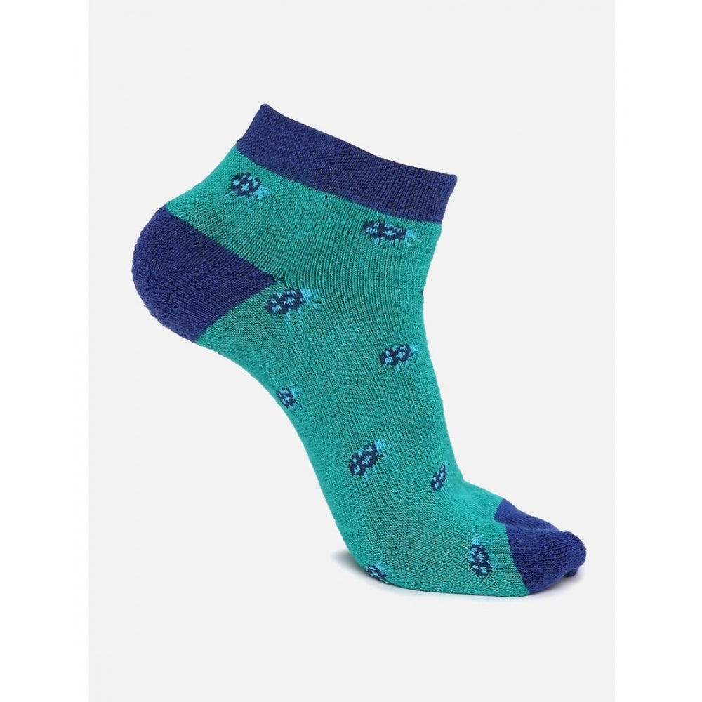 Blue and green cotton blended ankle socks with a printed pattern.