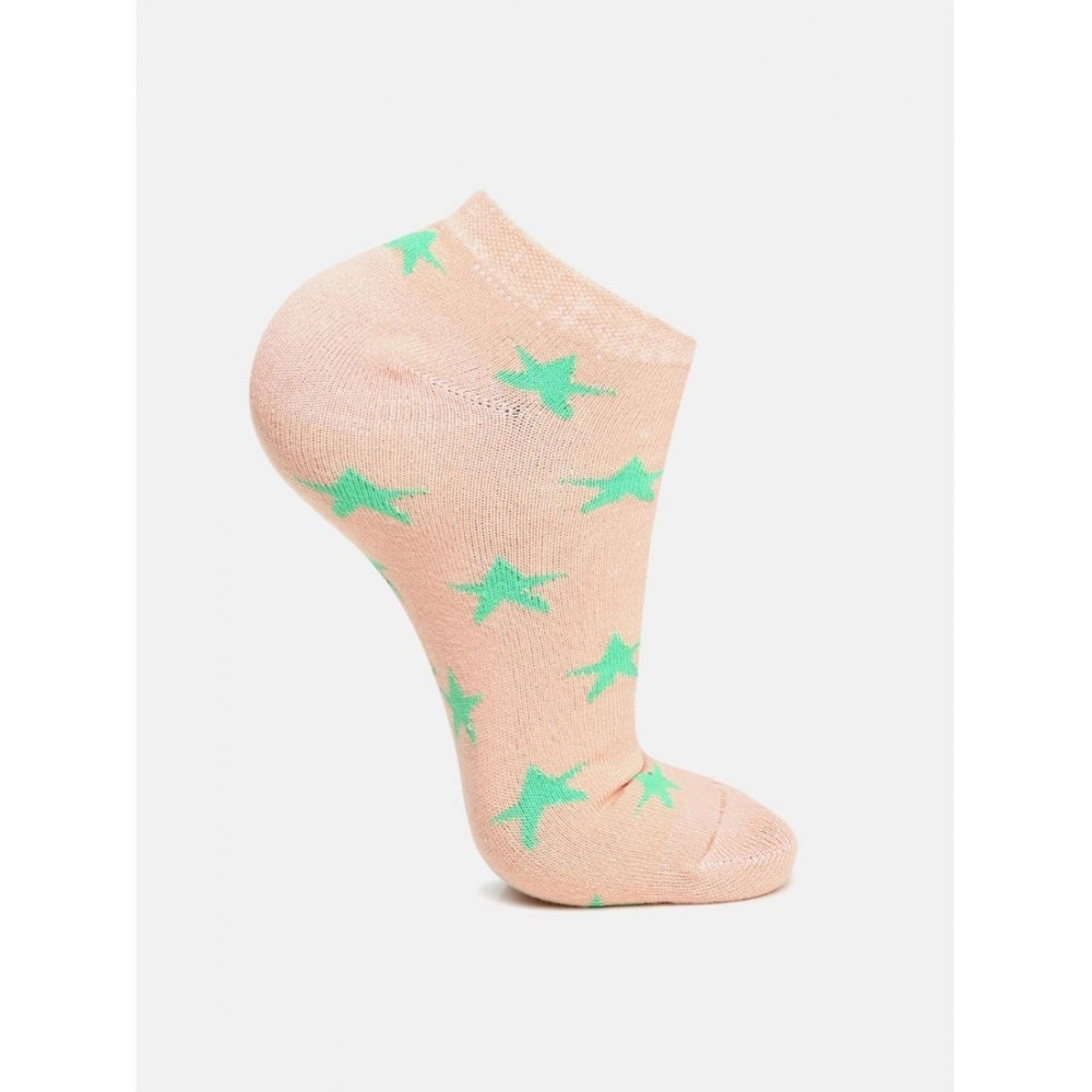 Peach pink ankle socks with green star print, cotton blended, casual socks.