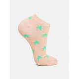 Peach pink ankle socks with green star print, cotton blended, casual socks.