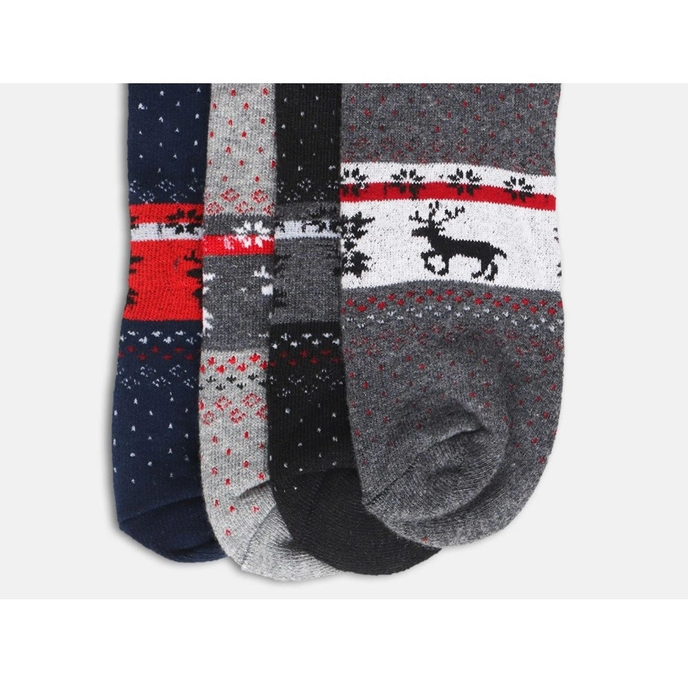 Men's printed cotton socks - gray with deer, festive snowflake design.