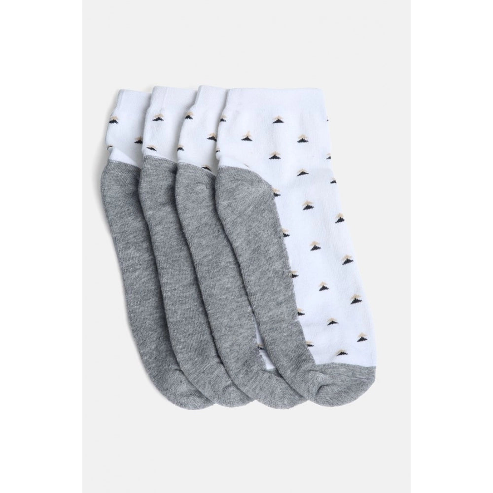 White cotton blended men's casual printed mid-calf socks patterned with vibrant designs