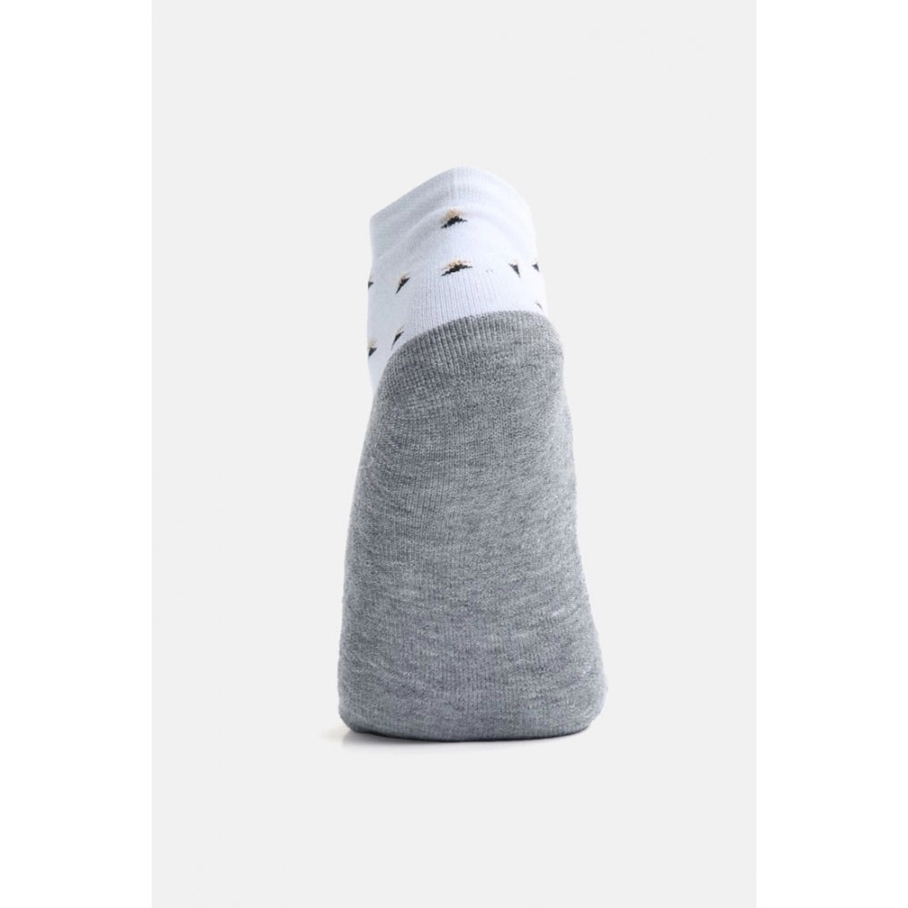 White cotton blended men's casual socks with printed design, mid-calf length on display rack