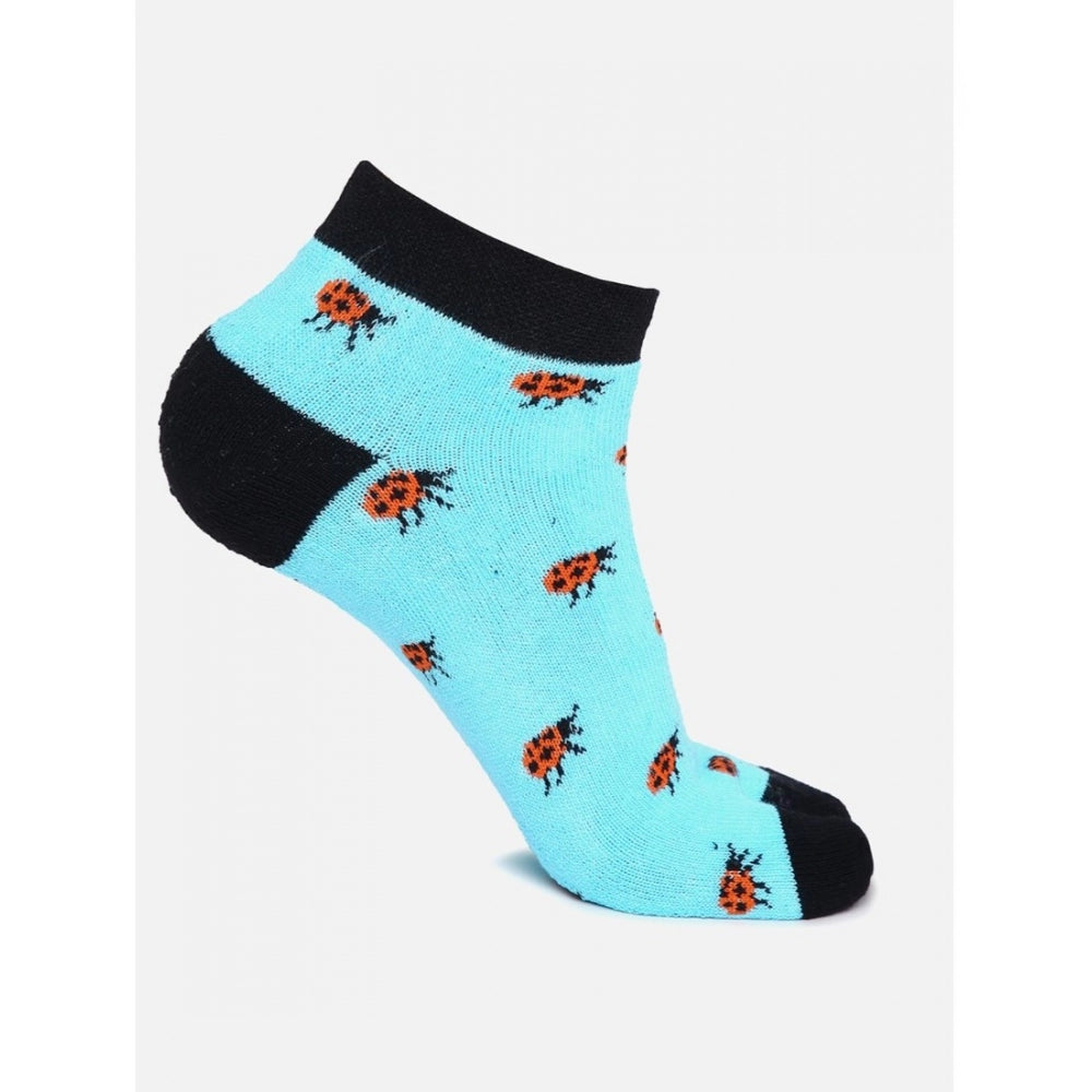 Blue cotton ankle socks with orange ladybug print, casual women's socks.
