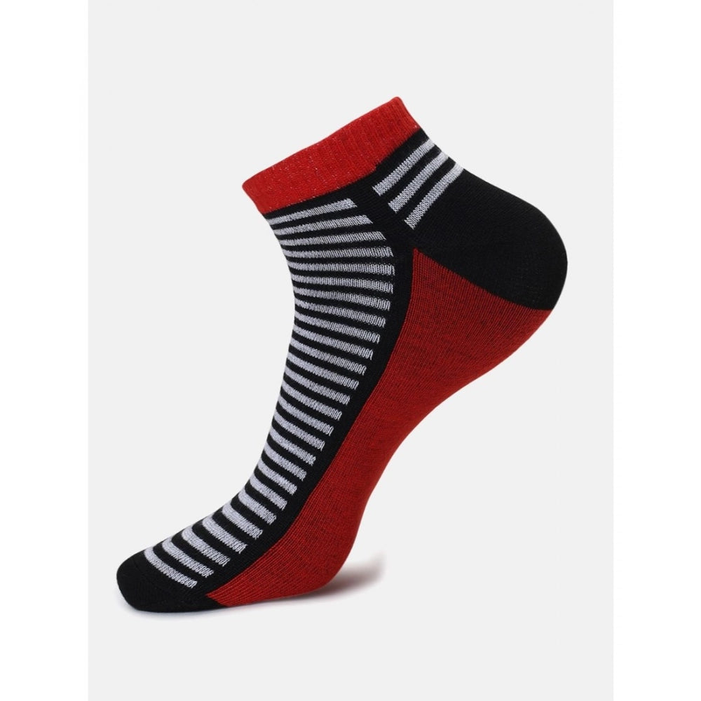 Red and black striped cotton ankle socks, 4 pairs, casual print, unisex.