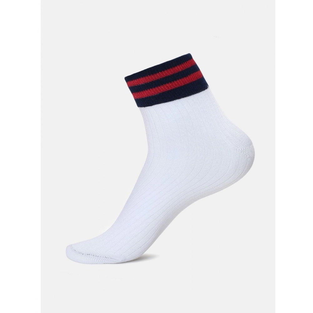 White cotton blended ankle socks with navy red ribbed trim.