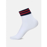 White cotton blended ankle socks with navy red ribbed trim.