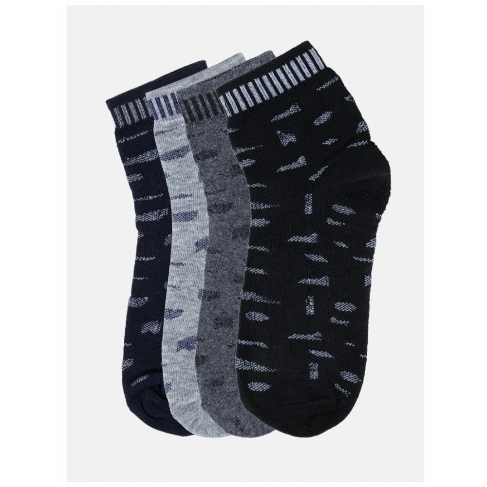 Black & grey printed cotton blended socks, 4 pairs, mid-calf length.