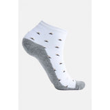 White men's cotton blended socks with printed details, mid-calf length.