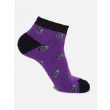 Purple cotton blended ankle socks with black heel, printed with teal dots.