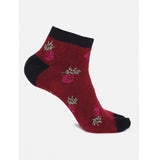 Red cotton blended ankle socks with black heel and leafy pattern.