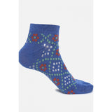 Blue cotton blended ankle socks with red and green floral pattern.