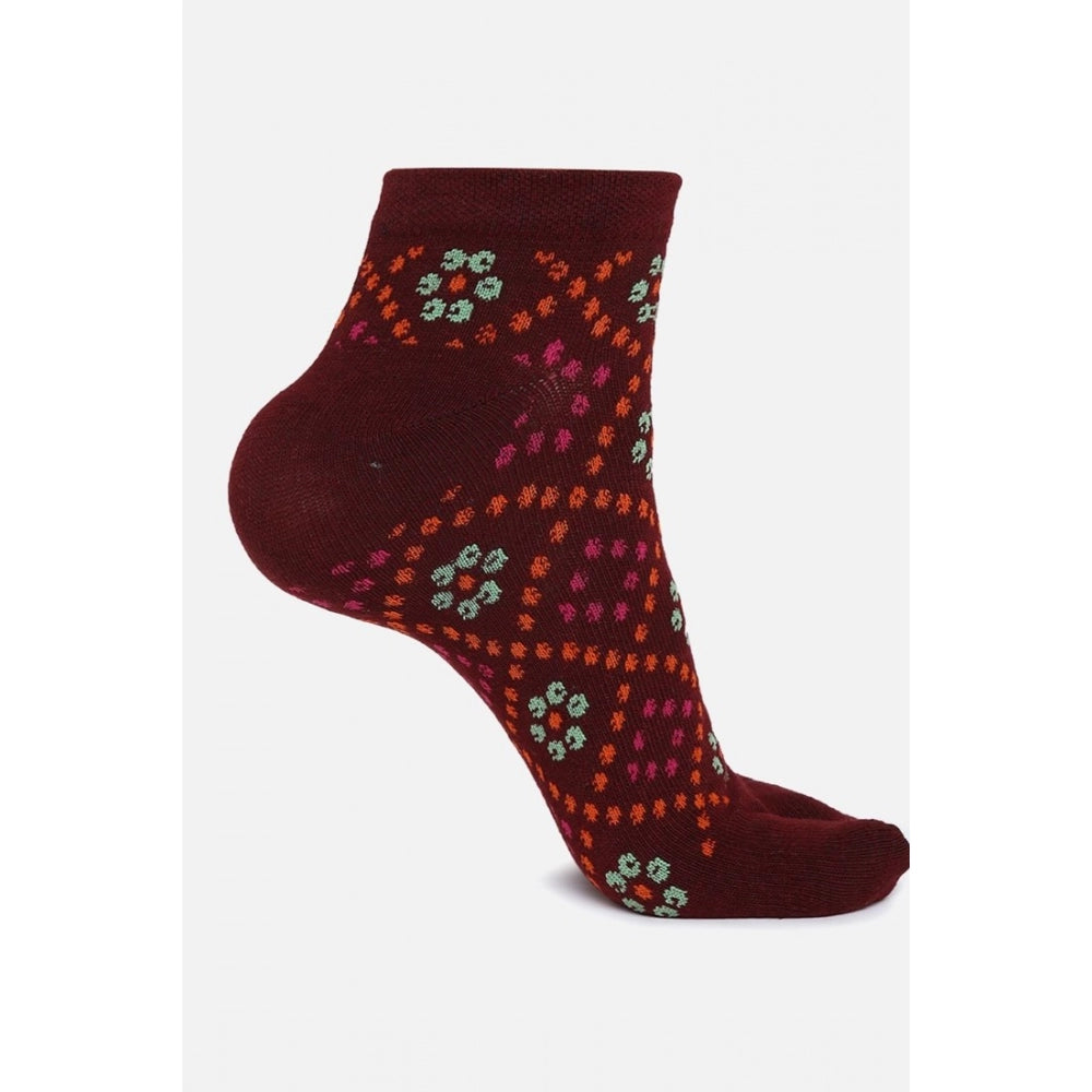 Dark red cotton blended ankle socks with pink and blue floral print.