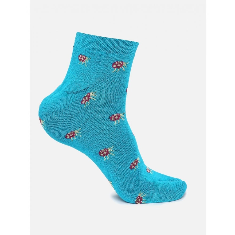 Blue cotton blended ankle socks with red floral pattern.
