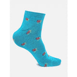 Blue cotton blended ankle socks with red floral pattern.