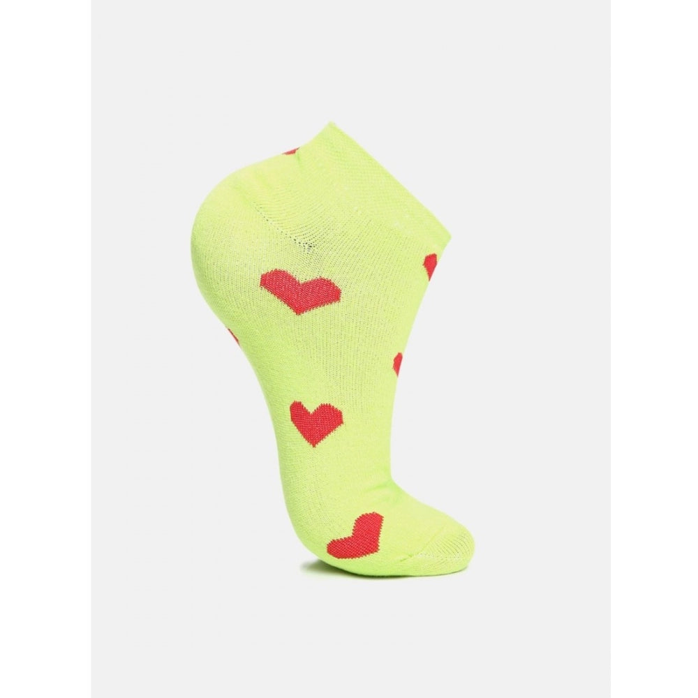 Light green cotton blend ankle socks with red heart pattern.