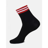 Black socks with red and white stripes, cotton blend, casual ankle socks.