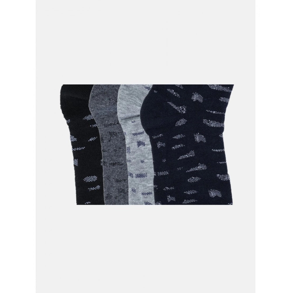 Black printed cotton blend socks, mid-calf length, 4 pairs, patterned design.