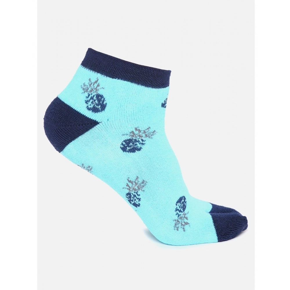 Blue & white pineapple printed cotton ankle socks, women's casual socks.