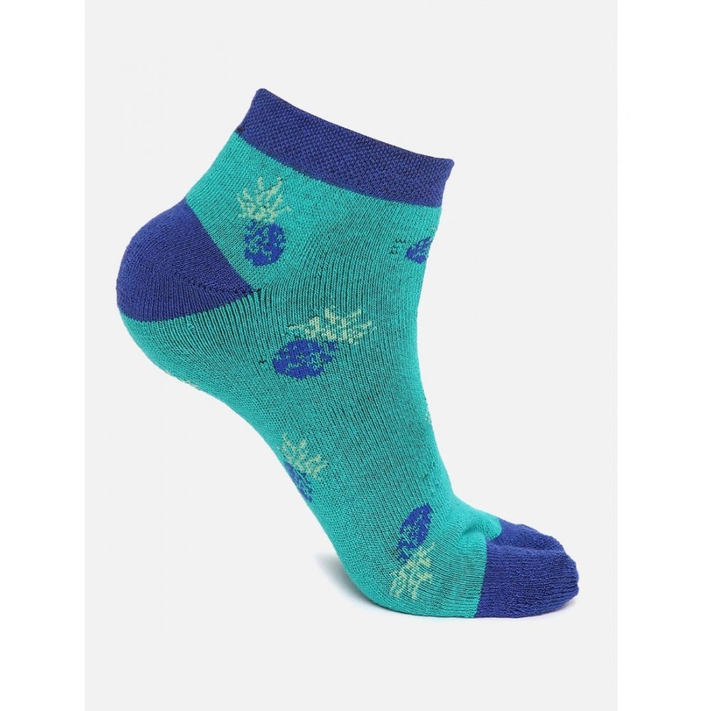 Blue and teal pineapple printed ankle socks, cotton blend, casual socks.