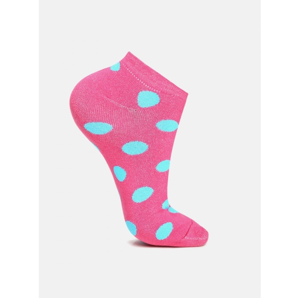 Pink cotton blended ankle socks with blue polka dots, women's casual socks.