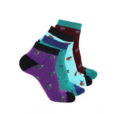 Assorted printed cotton ankle socks (purple, teal, red) 4 pairs, casual women’s socks.
