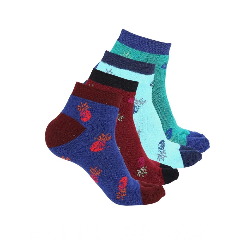 Four pairs women's cotton ankle socks, printed with floral design, assorted colors.