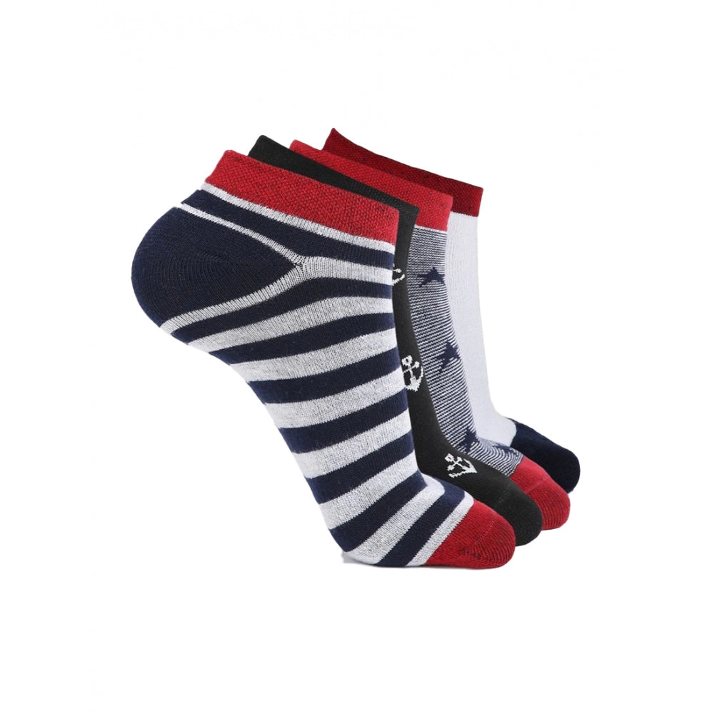 Navy & white striped cotton ankle socks, 4 pairs, casual design, printed details.