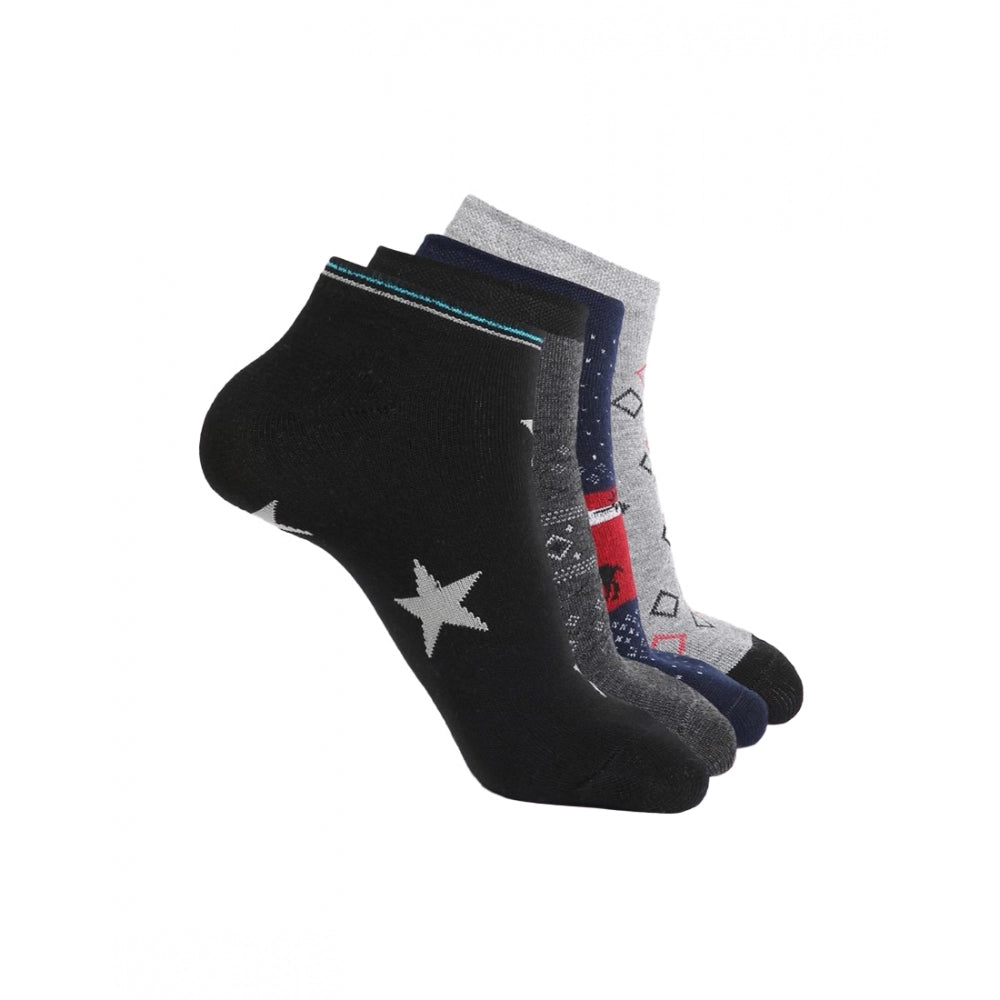 Black & grey printed ankle socks (4 pairs), cotton blend, casual design.