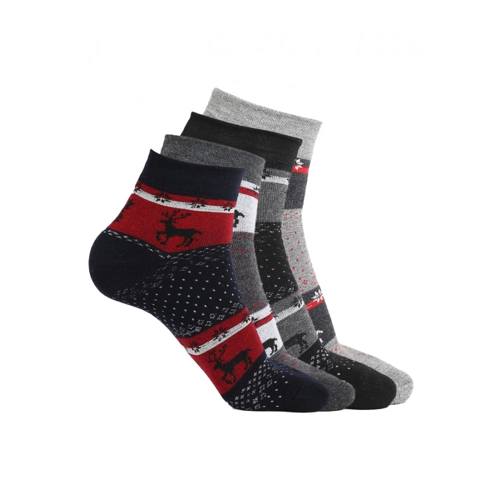 Black & grey patterned men’s ankle socks, 4 pairs cotton blend, with reindeer print.