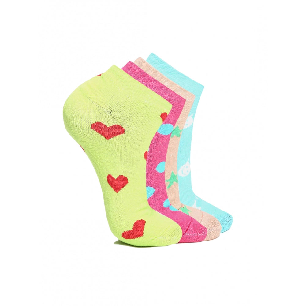 Assorted pink & teal cotton blended ankle socks with red hearts.