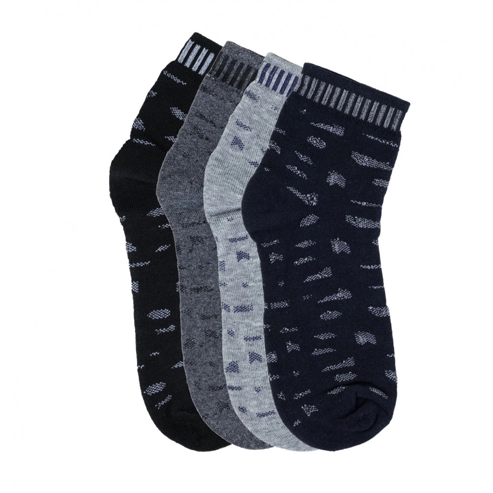 Gray and black printed cotton blended men's socks, 4 pairs, mid-calf length.