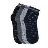 Gray and black printed cotton blended men's socks, 4 pairs, mid-calf length.
