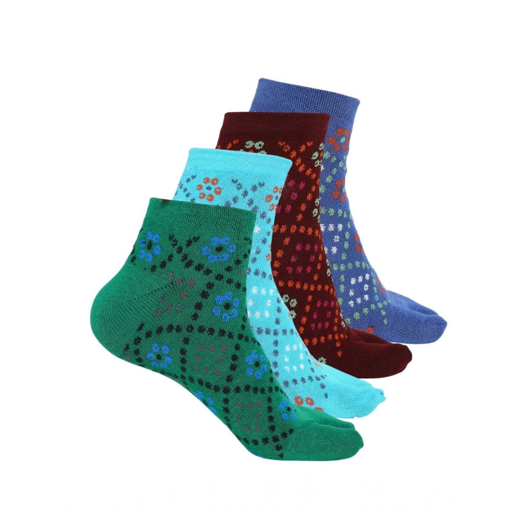 4 pairs women’s cotton ankle socks, blue/green/red patterned, casual blend.