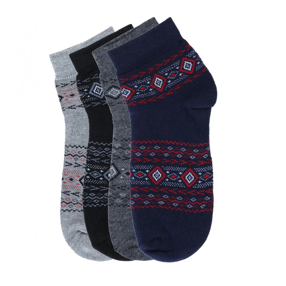 Assorted cotton-blend mid-calf men's socks with printed designs, color variations may occur
