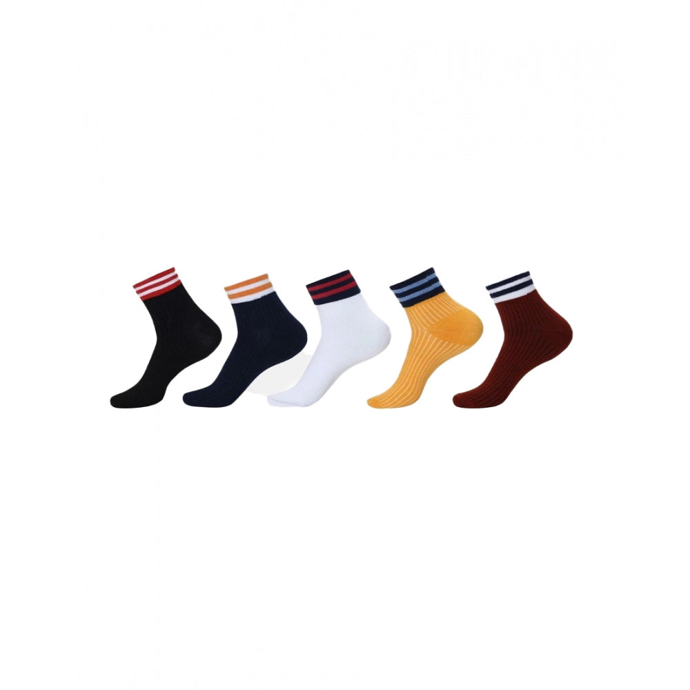 5 pairs assorted color striped cotton blended ankle socks, casual style.
