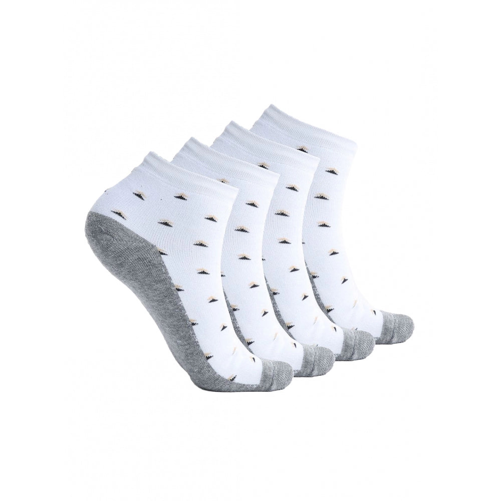 White cotton blended men's socks, 4 pairs, mid-calf length, printed with snowflakes.