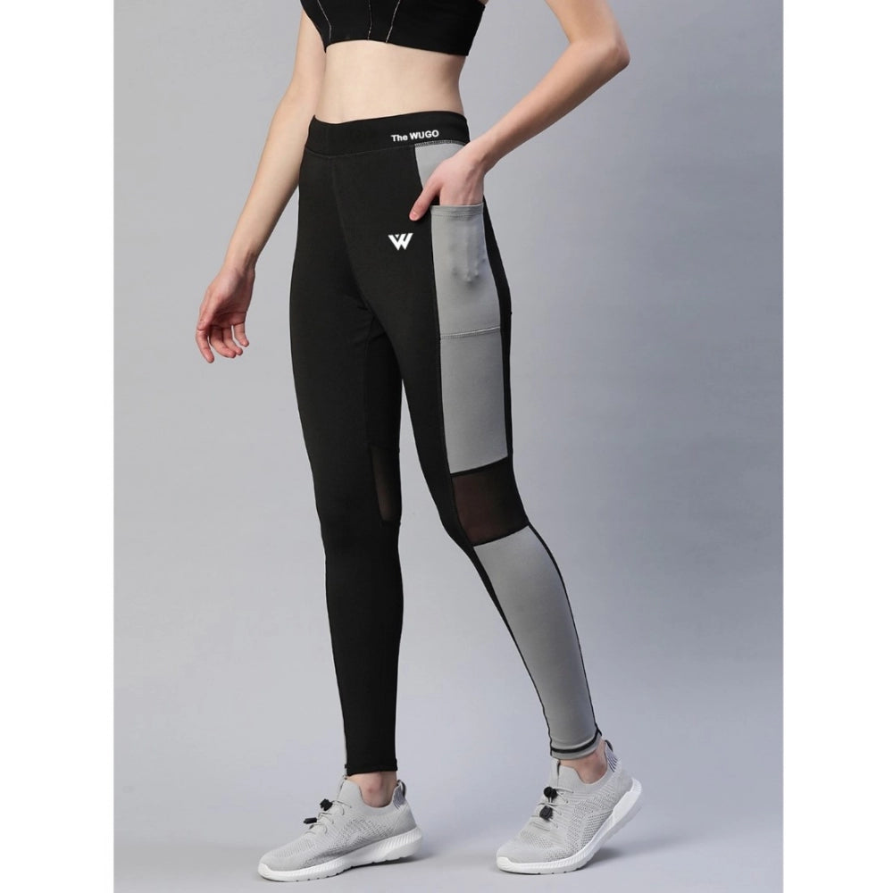 Women's Polyster Solid Sport Leggings (Black &amp; Grey) - GillKart