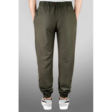 Dark green polyester solid track pants for men on display