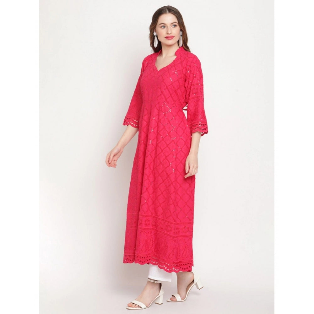 Magenta embroidered cotton anarkali kurti, casual 3/4th sleeve, ankle length