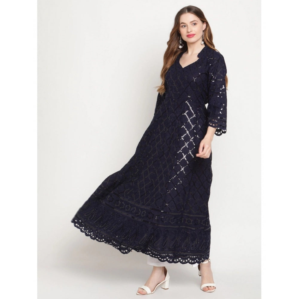 Navy Blue Embroidered Cotton Anarkali Kurti with 3/4th sleeves